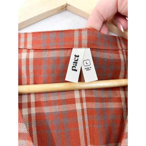 PACT Fireside Flannel Crossover Dress Large Orange Plaid Fall Cotton Boho Modest - Picture 5 of 9